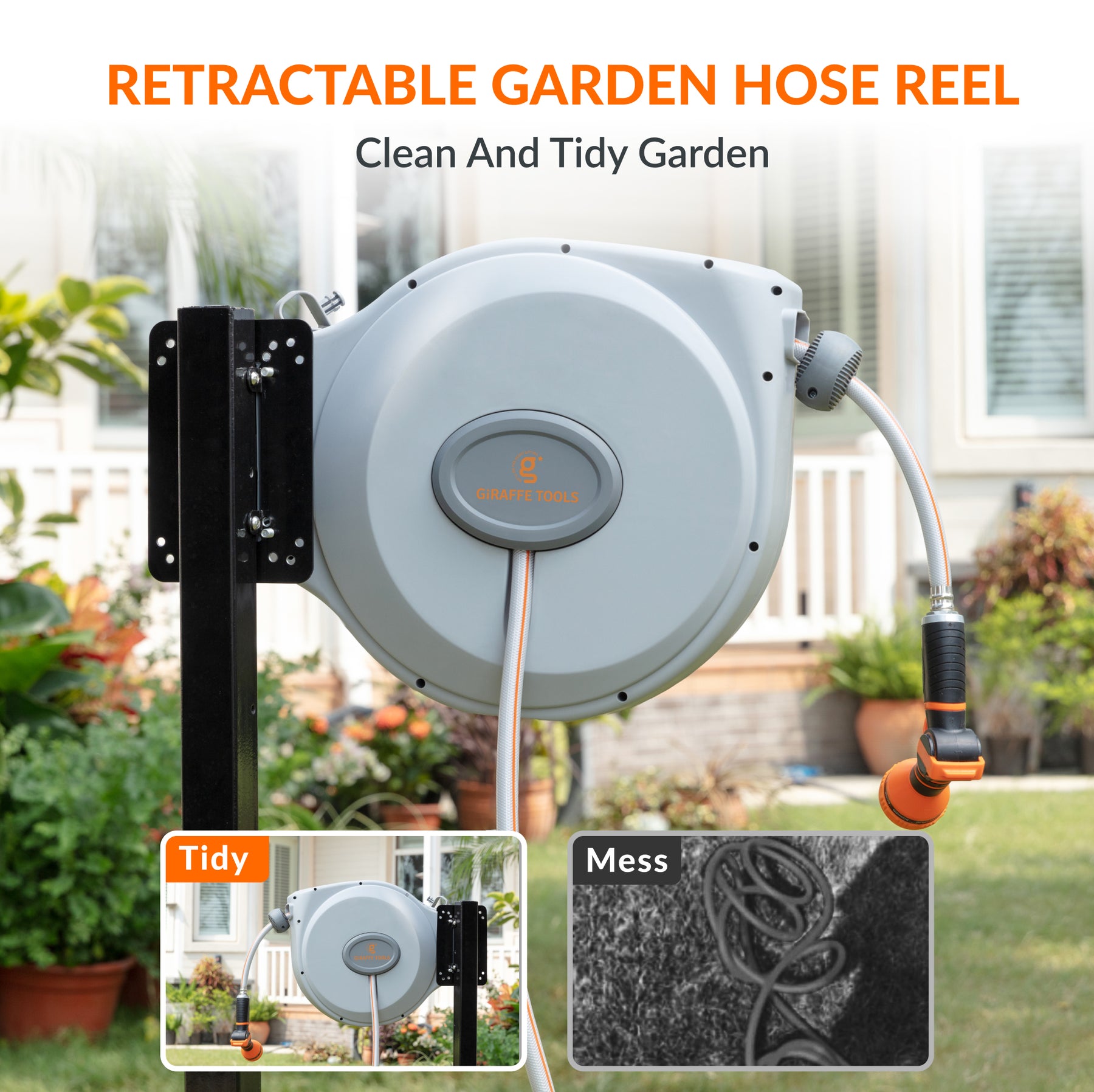 Heavy Duty Retractable Garden Hose Reel with 100FT Hose, 8 Pattern Nozzle,  and Wall Mount Bracket