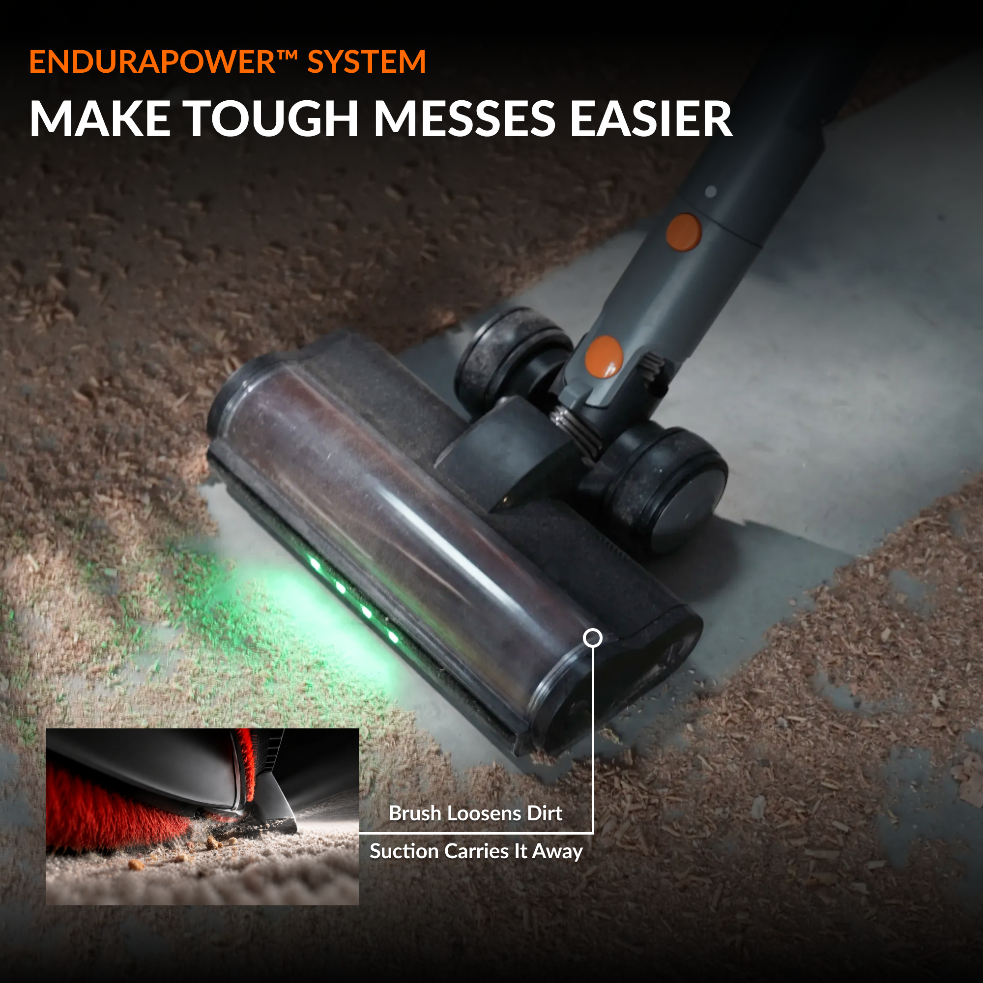 Giraffe Tools GrandFlux Retractable Vacuum Cleaner Features showing LED brush head