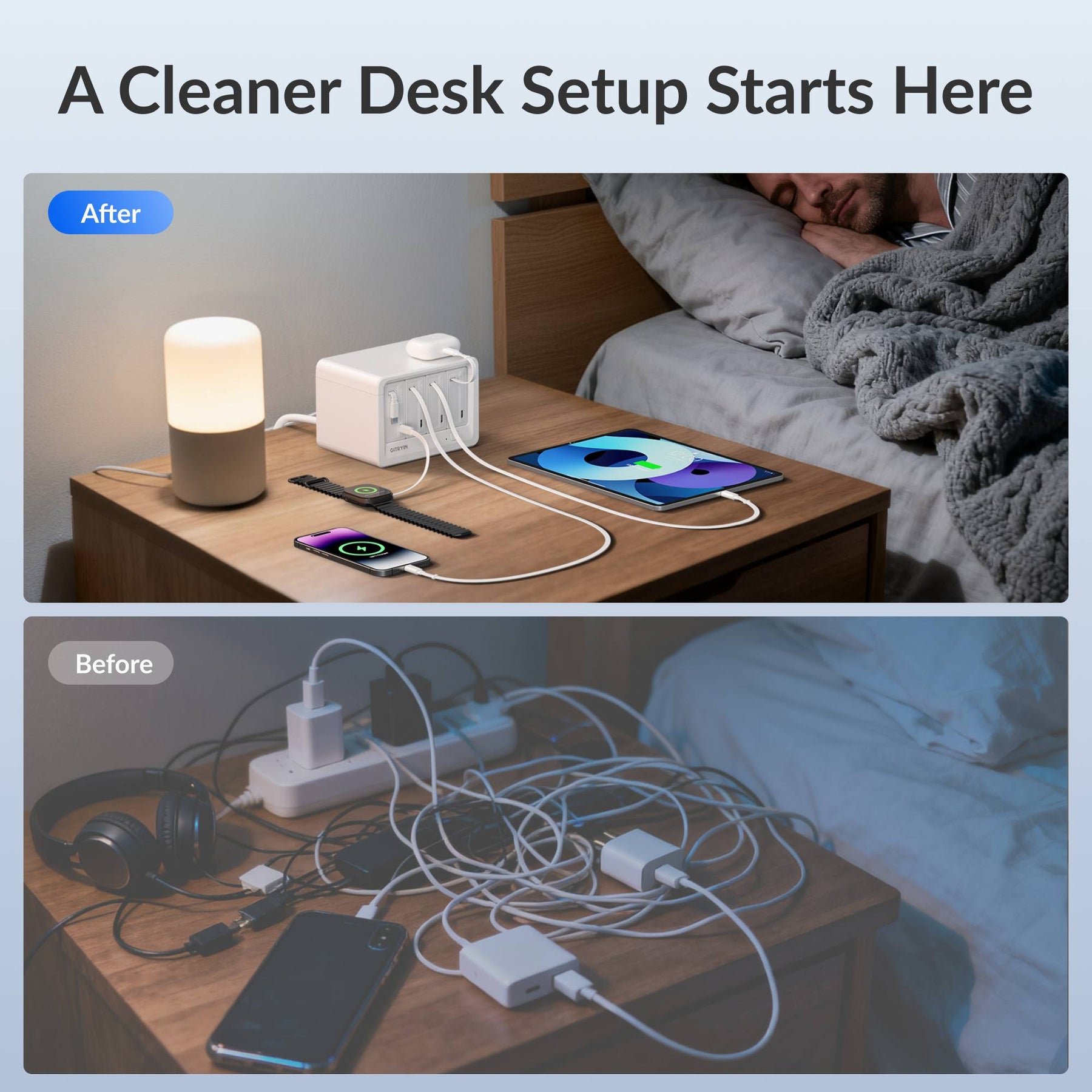 Gitryin Desktop Charging Station 12-in-1 (65W Combo) Features showing bedside charging and cable organization before and after