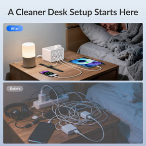 Gitryin Desktop Charging Station 12-in-1 (65W Combo) Features showing bedside charging and cable organization before and after