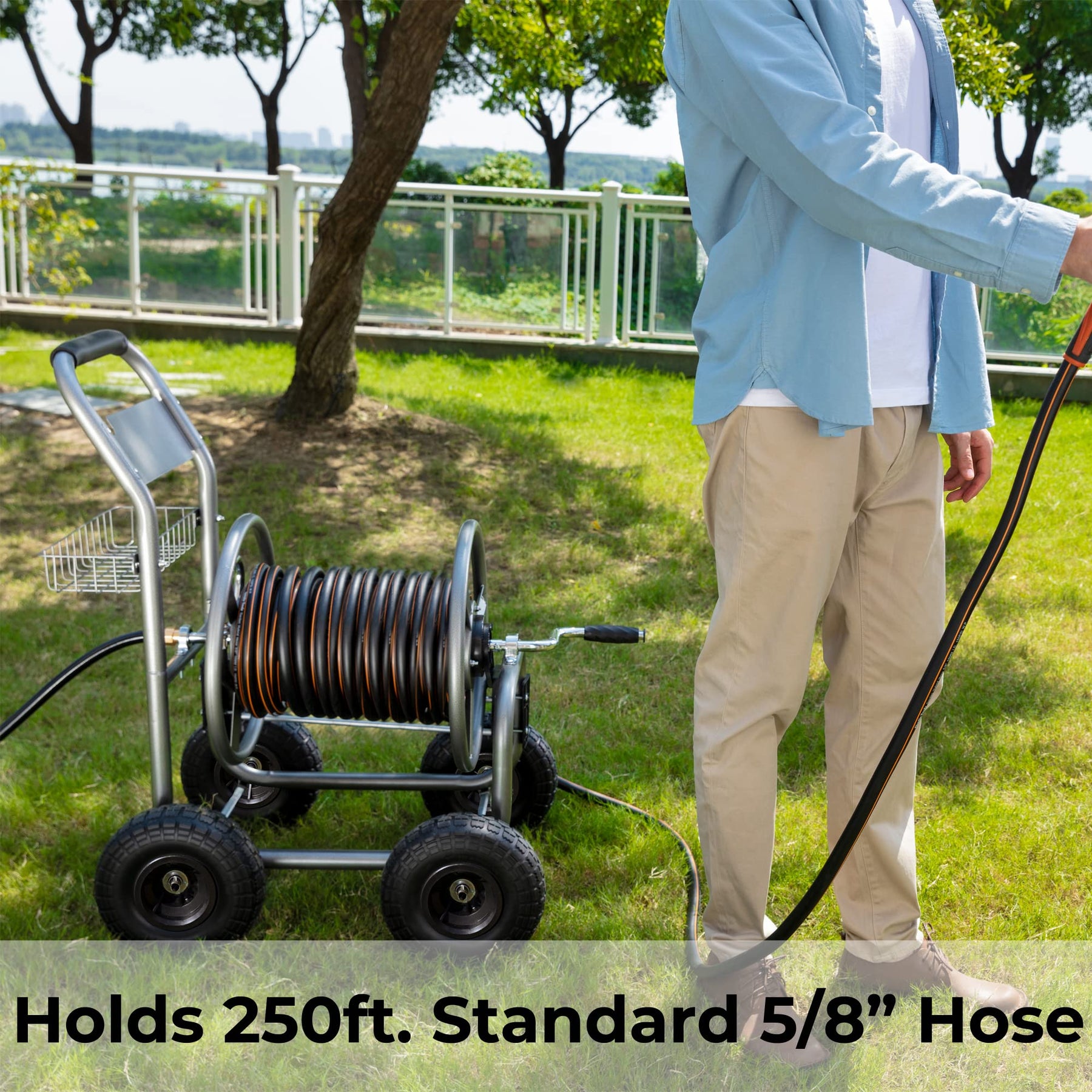 Giraffe Tools Steel Garden Hose Reel Cart with Hose Guide, 250 ft Capacity, Manual Operation, Weather-Resistant, Rust-proof | HC03CUS