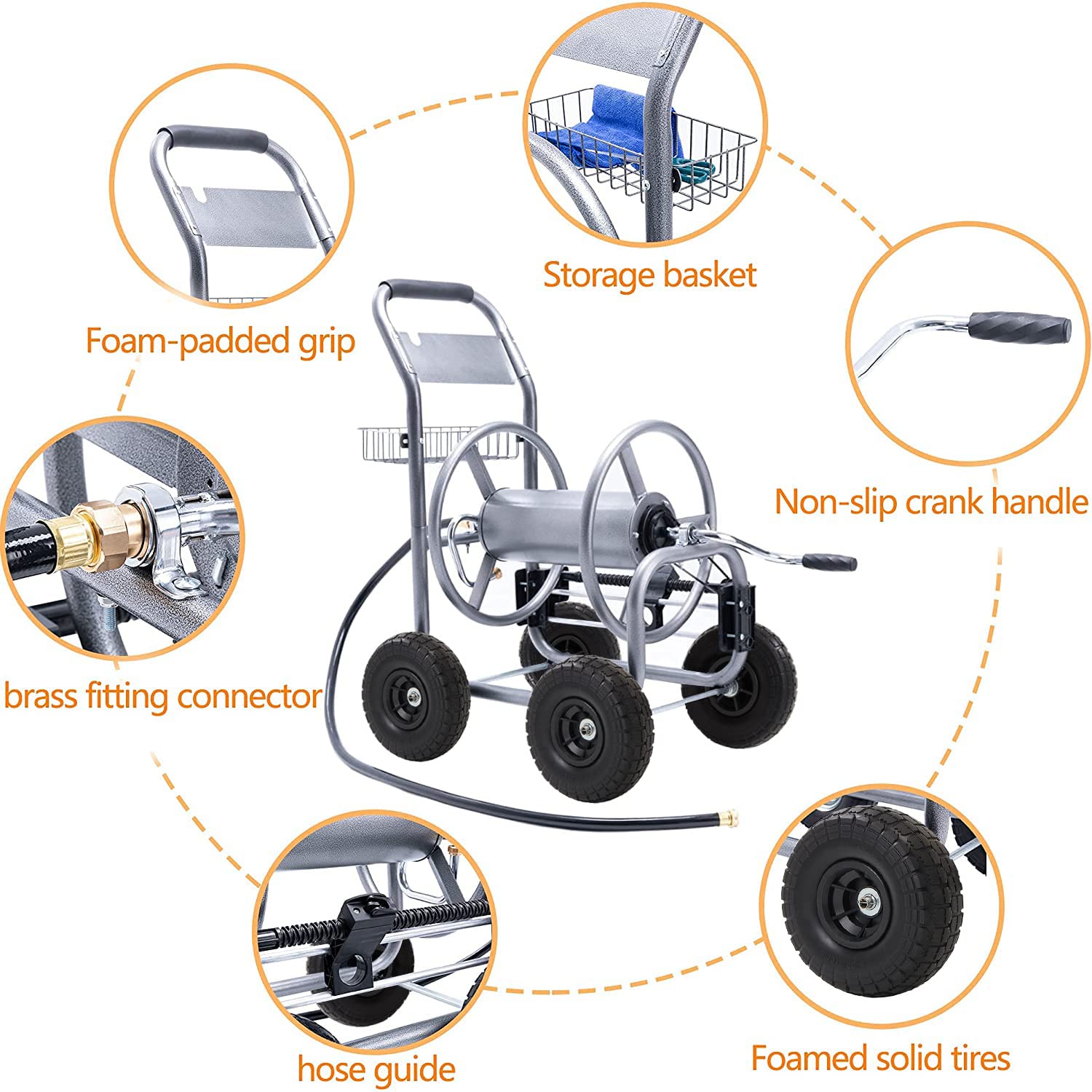 KAMMQI Hose Reel Cart - Portable Garden Hose Reel Cart Outdoor Water Hose  Reel with Wheels, Holds 98 Feet of 3/4 inch, and 131Feet of 5/8 inch Hose  with Hose Adapter for