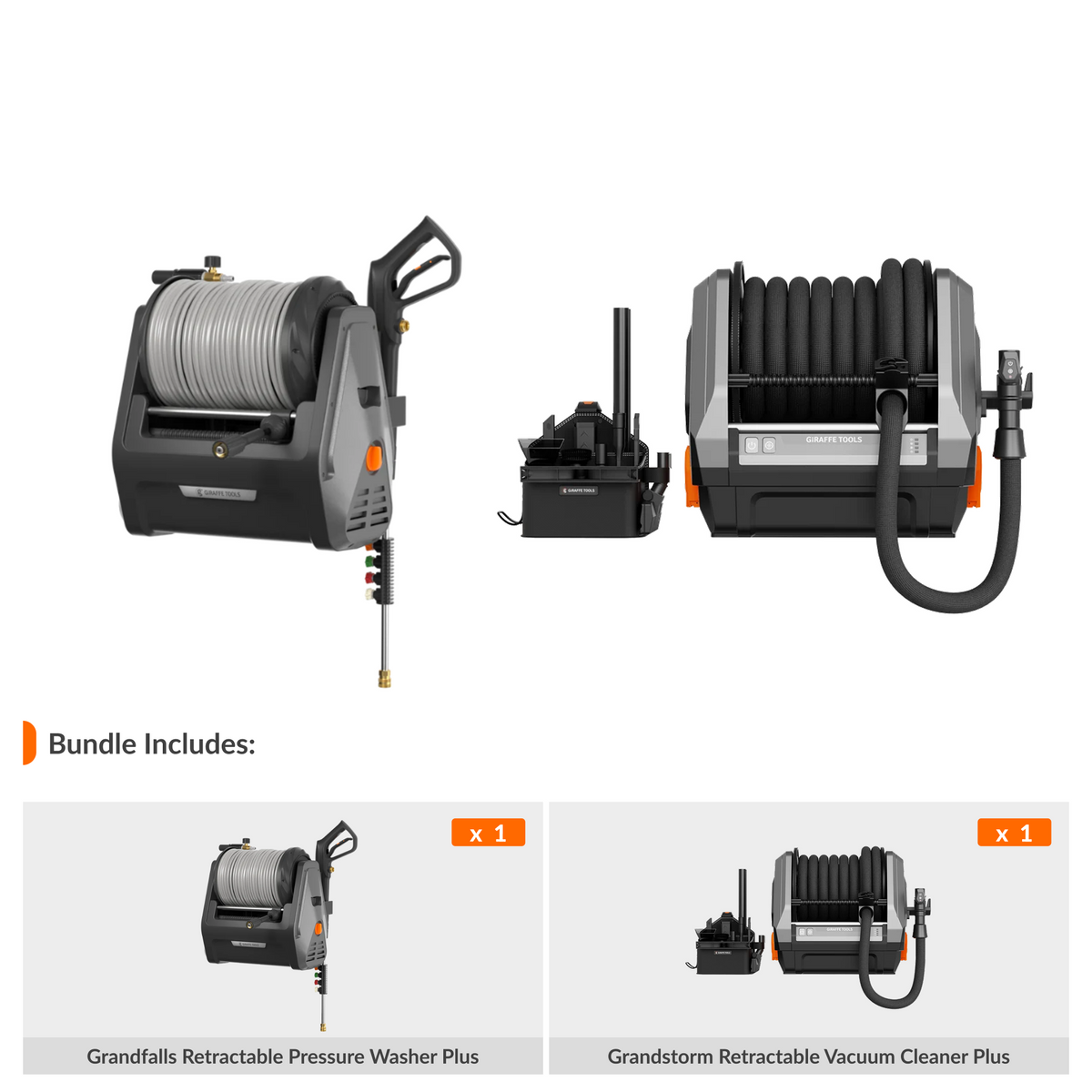 Giraffe Tools Dream Garage — Advanced Cleaning Set Features showing pressure washer and vacuum bundle on a white background