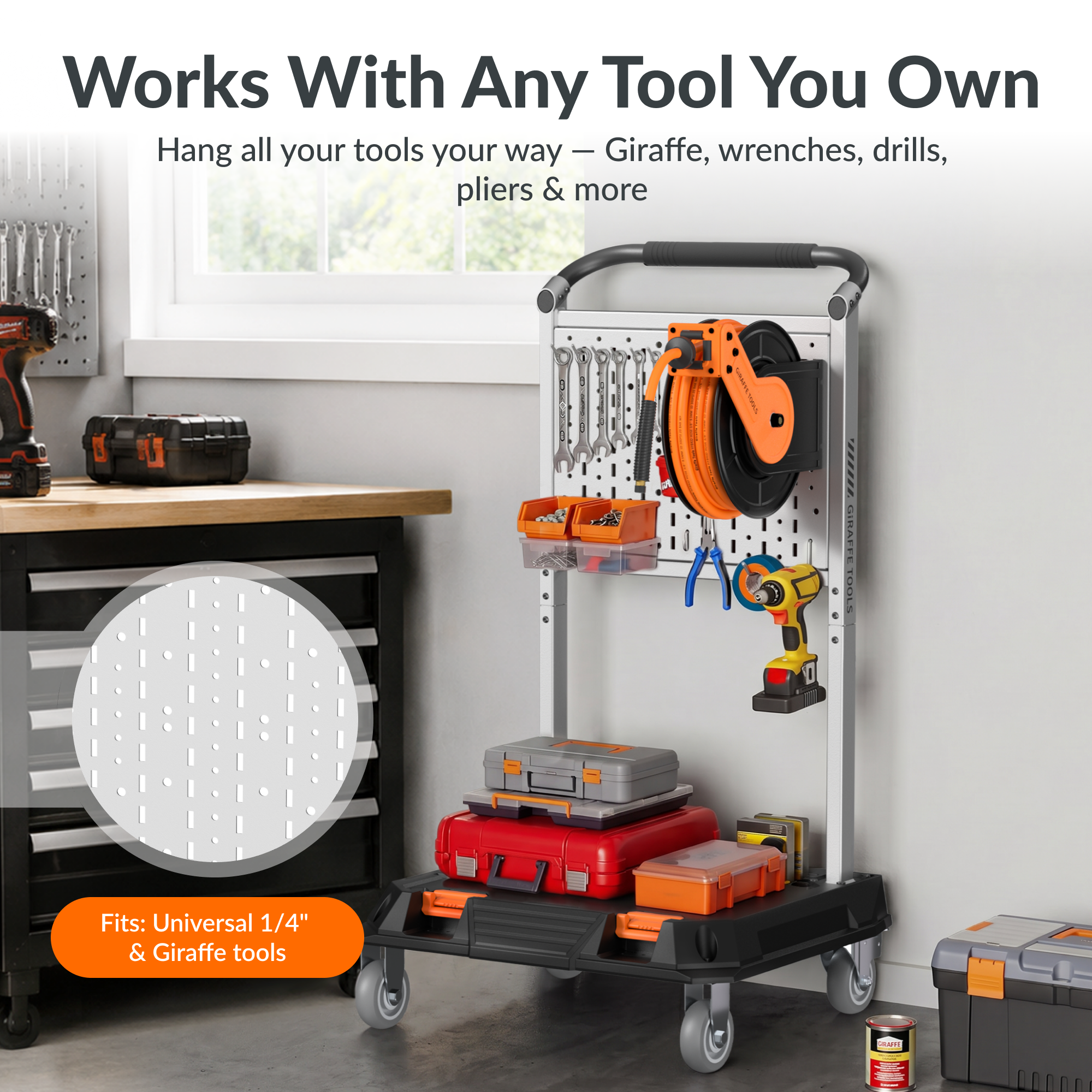 Giraffe Tools Heavy Duty Rolling Utility Cart Features: a customizable pegboard for organizing hose reels, drills, hand tools, and accessories.