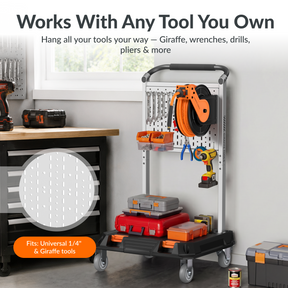 Giraffe Tools Heavy Duty Rolling Utility Cart Features: a customizable pegboard for organizing hose reels, drills, hand tools, and accessories.