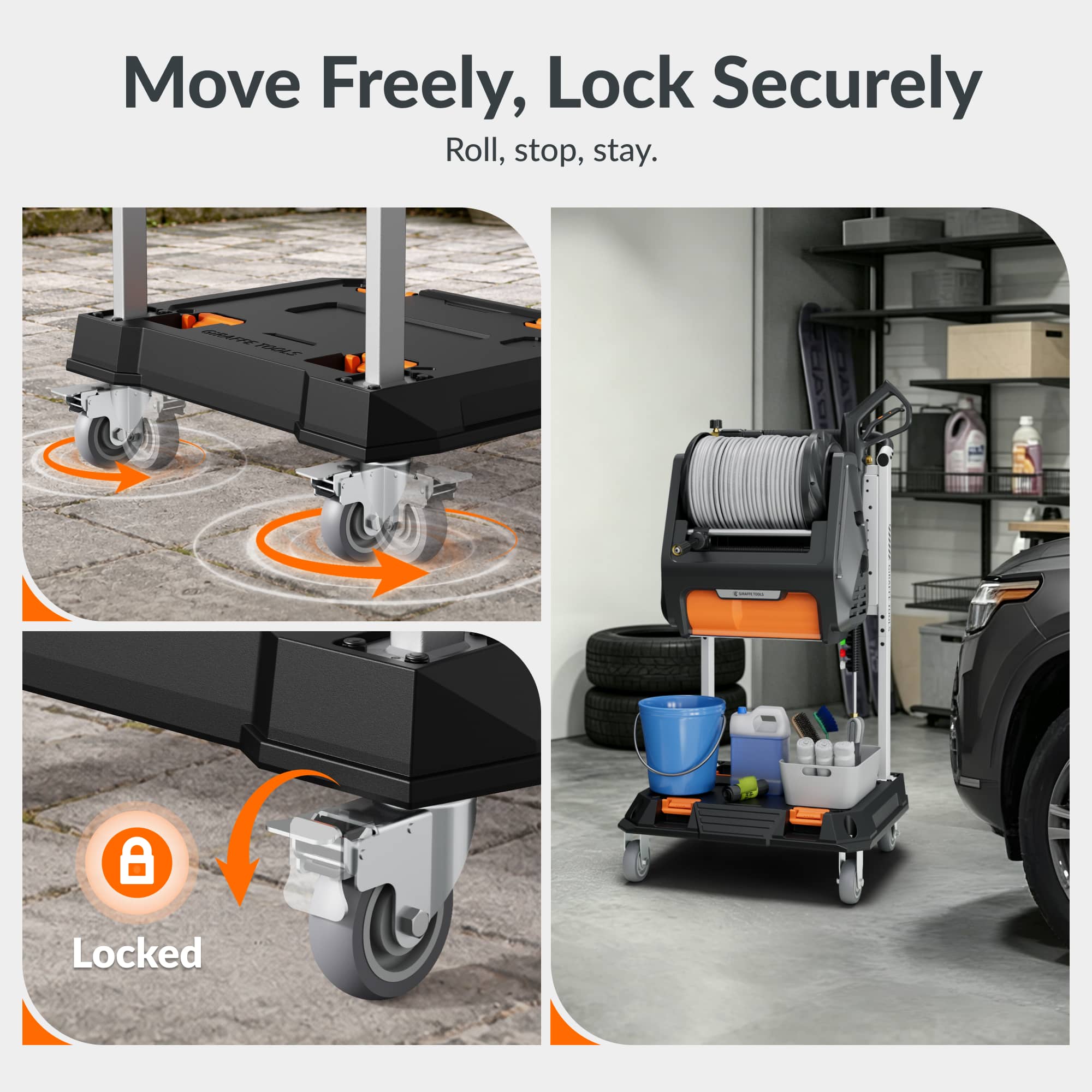 Giraffe Tools Mobile Pressure Washing Station Features in easy to move and lock