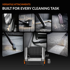 Giraffe Tools GrandFlux Retractable Vacuum Cleaner Plus Features showing versatile attachments