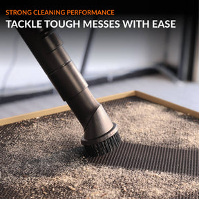 Giraffe Tools GrandFlux Retractable Vacuum Cleaner Plus Features showing powerful cleaning performance