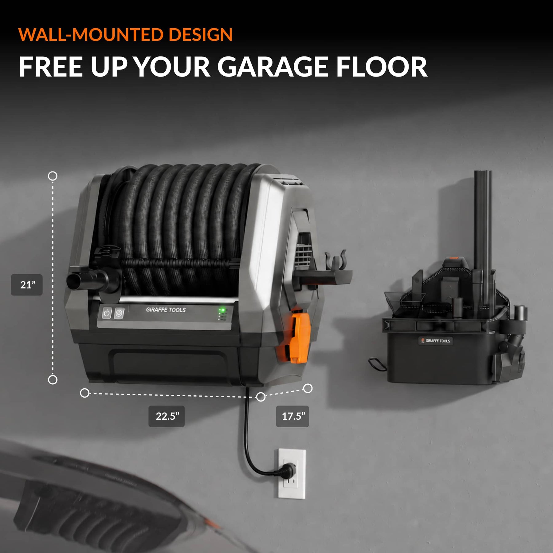 Giraffe Tools GrandFlux Retractable Vacuum Cleaner Plus Features showing wall-mounted design
