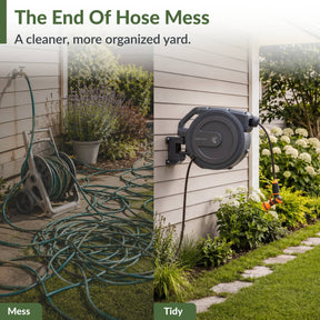 Giraffe Tools 5/8in 90ft Retractable Garden Hose Reel keeps yards tidy and free from hose mess.