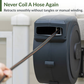 Giraffe Tools hose reel retracts smoothly to reduce tangles and manual hose winding.