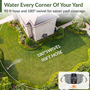 Giraffe Tools 90ft hose reel with 180° swivel covers more corners of the yard.