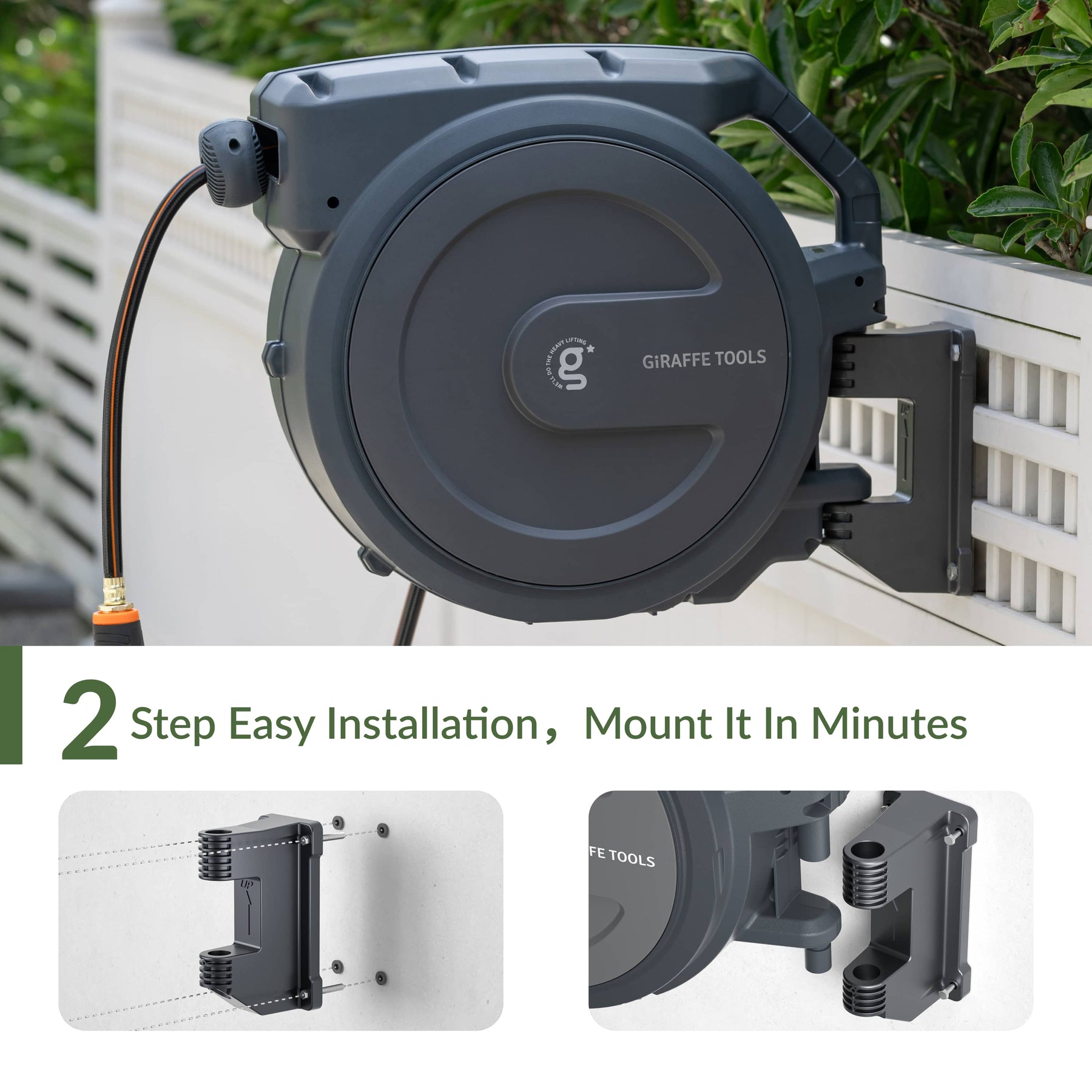 Giraffe Tools wall-mounted garden hose reel installs quickly with a simple bracket system.