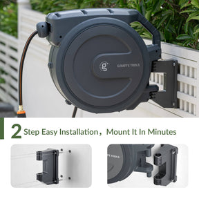 Giraffe Tools wall-mounted garden hose reel installs quickly with a simple bracket system.