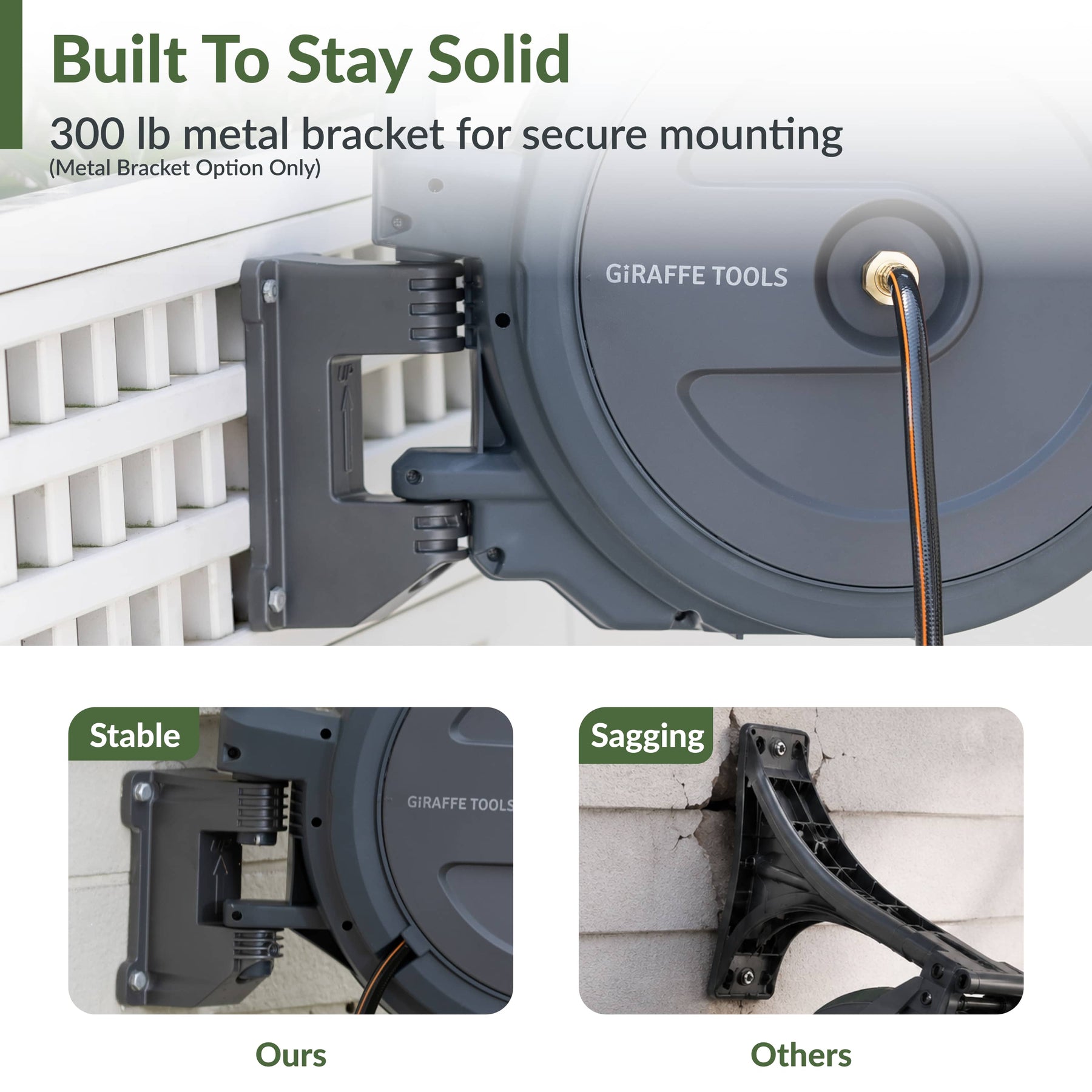 Giraffe Tools retractable hose reel has a 300 lb metal bracket for stable wall support.