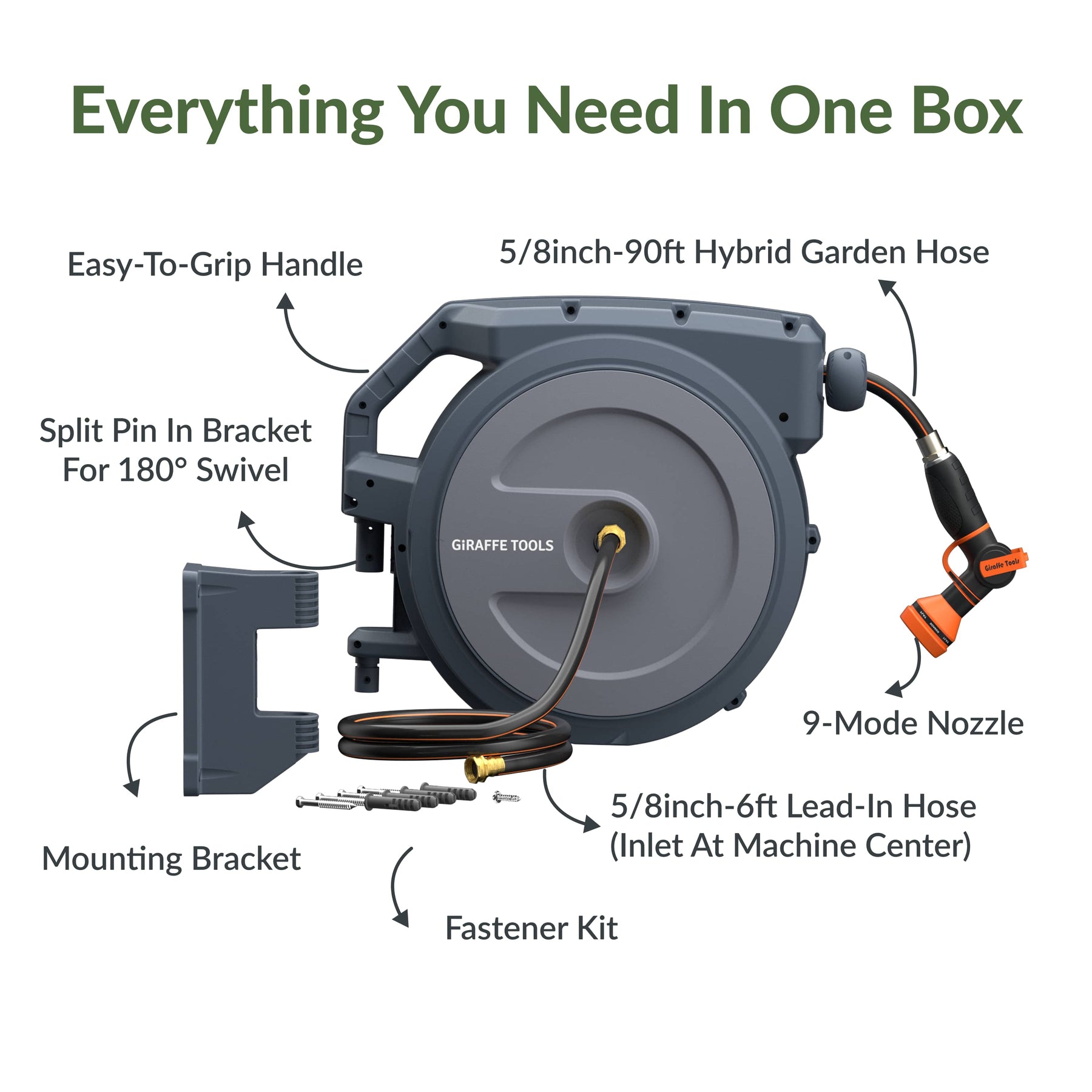 Giraffe Tools 5/8in 90ft hose reel includes hose, bracket, fasteners, lead-in hose, and nozzle.