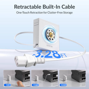 Gitryin Retractable Power Supply Module - C13 Features showing the white model with a built-in 3.28-foot cable and one-touch retraction for clutter-free storage