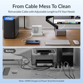 Gitryin Retractable Power Supply Module - C13 Features showing the white model with adjustable cable length to reduce desk clutter in a before-and-after comparison