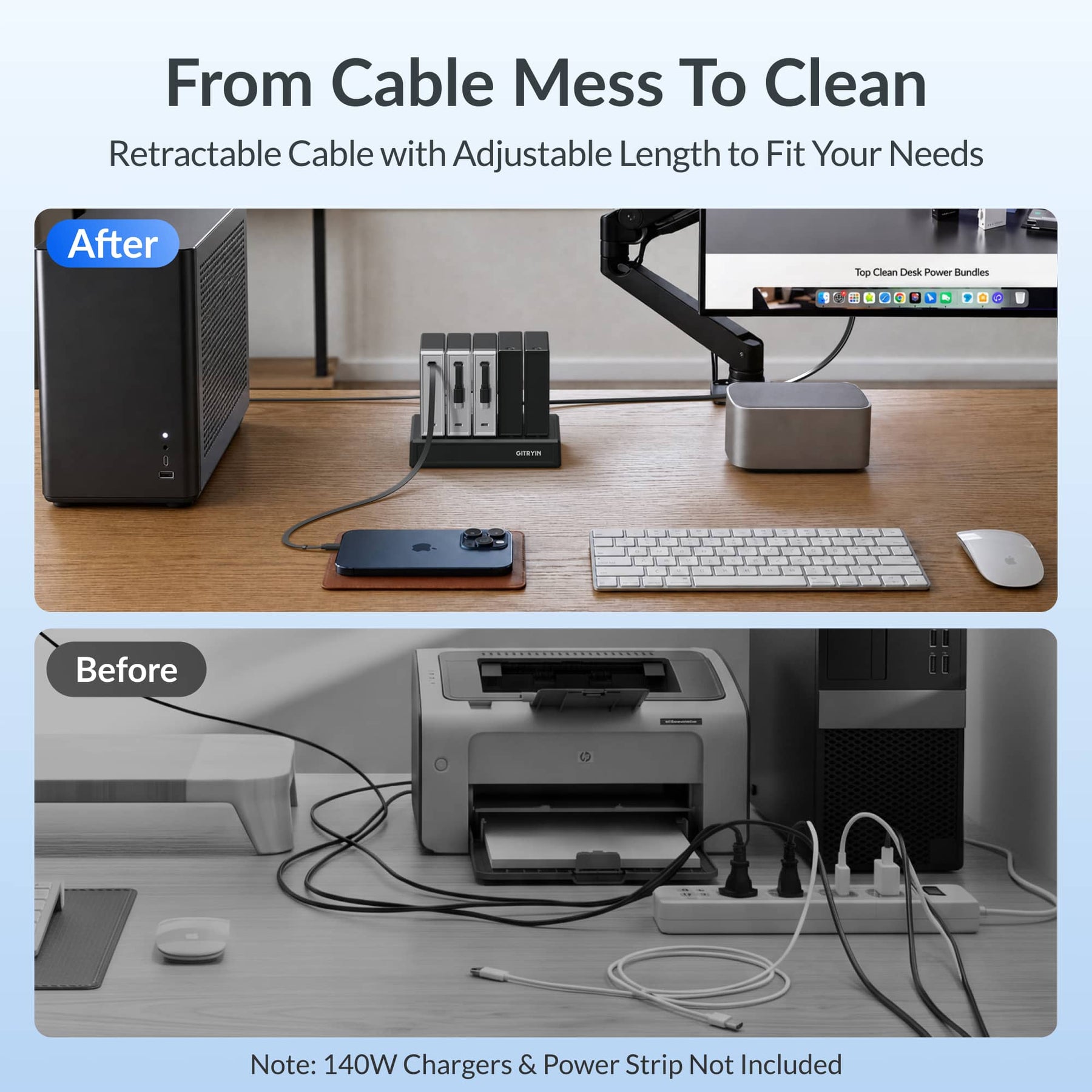 Gitryin Retractable Power Supply Module - C13 Features showing the black model with adjustable cable length to reduce desk clutter in a before-and-after comparison
