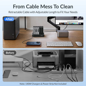 Gitryin Retractable Power Supply Module - C13 Features showing the black model with adjustable cable length to reduce desk clutter in a before-and-after comparison