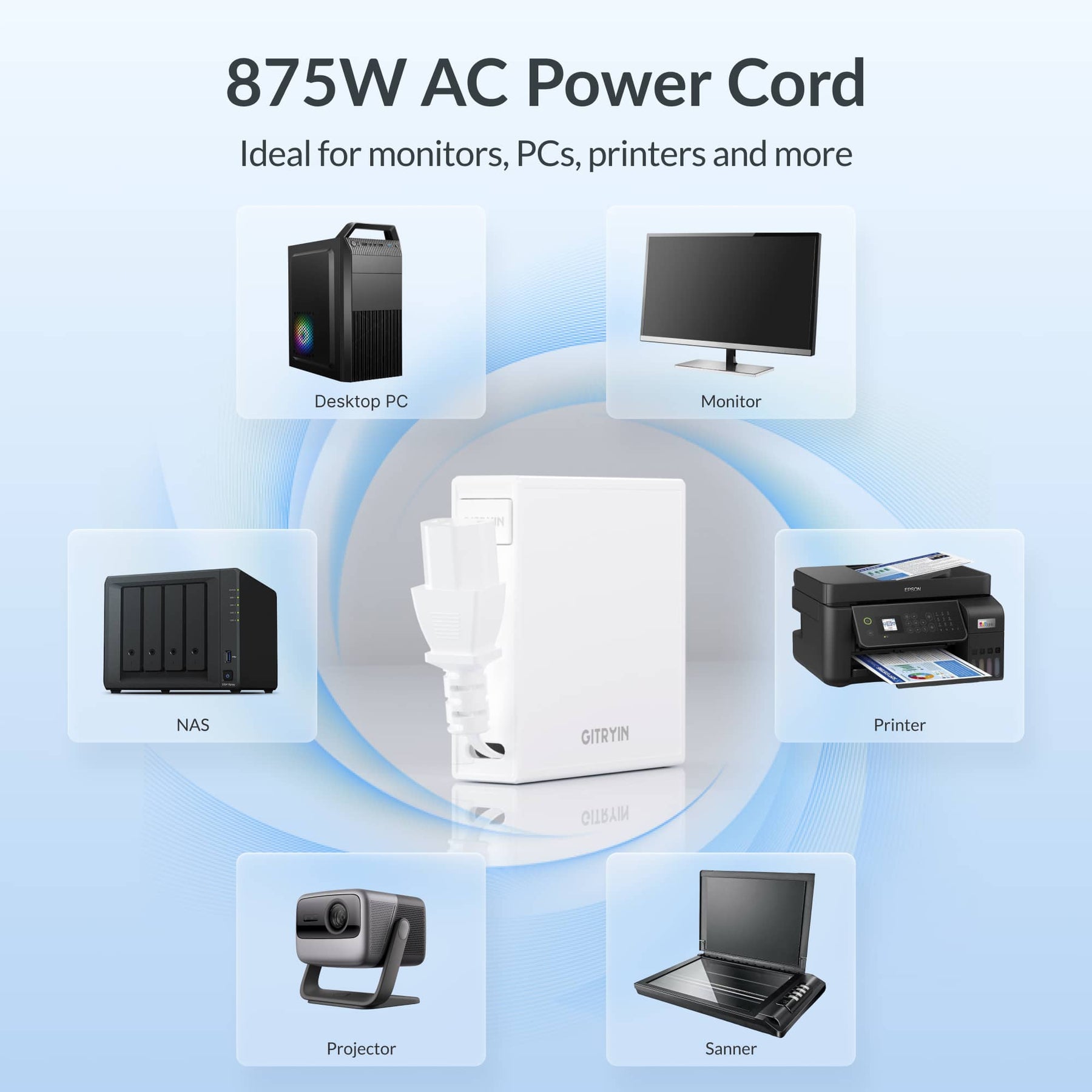 Gitryin Retractable Power Supply Module - C13 Features showing the white model with 875w ac power for compatible desktop computers, monitors, printers and more