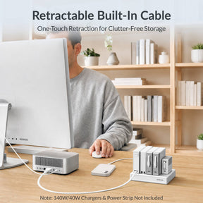 Gitryin Retractable Power Supply Module - C13 Features showing the white model powering a desktop computer with a built-in retractable cable for convenient home office use and storage