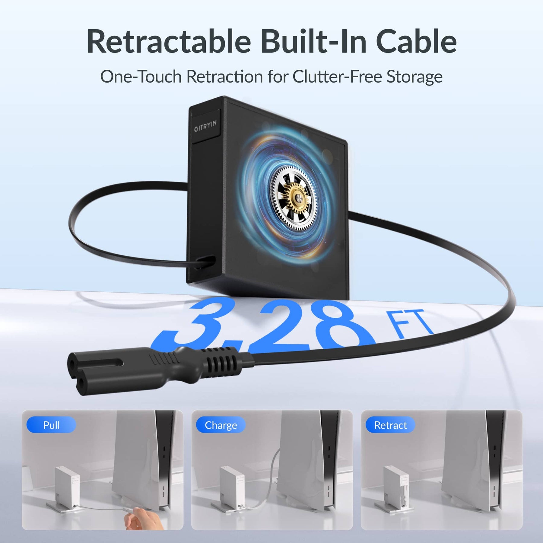Gitryin Retractable Power Supply Module - C7 Features showing the black model with a built-in retractable cable and one-touch retraction for clutter-free storage