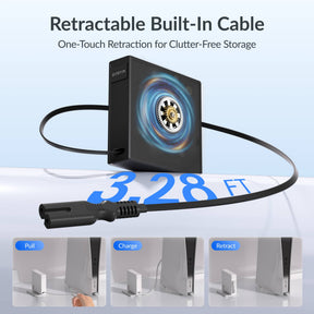 Gitryin Retractable Power Supply Module - C7 Features showing the black model with a built-in retractable cable and one-touch retraction for clutter-free storage