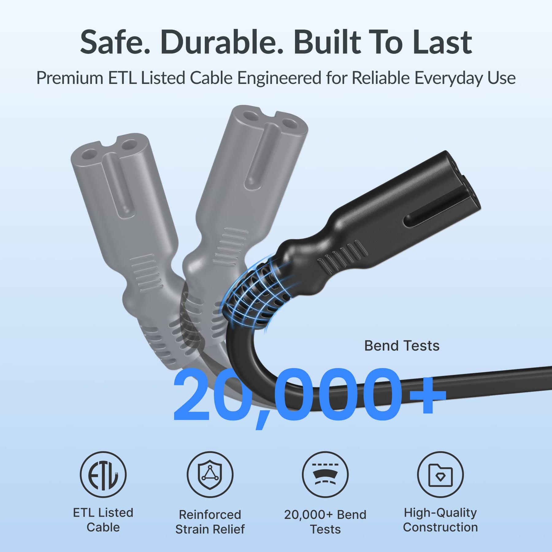 Gitryin Retractable Power Supply Module - C7 Features showing the black model with an etl-listed cable and reinforced strain relief tested through over 20,000 bends for everyday durability