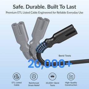 Gitryin Retractable Power Supply Module - C7 Features showing the black model with an etl-listed cable and reinforced strain relief tested through over 20,000 bends for everyday durability