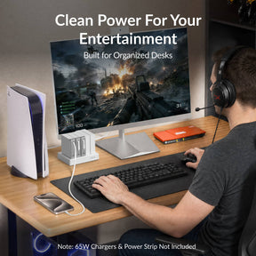 Gitryin Retractable Power Supply Module - C7 Features showing the white model integrated into a gaming power setup for reduced cable clutter and an organized desk