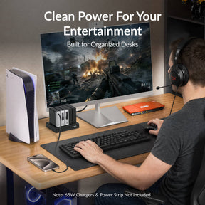 Gitryin Retractable Power Supply Module - C7 Features showing the black model integrated into a gaming power setup for reduced cable clutter and an organized desk