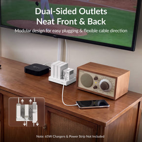 Gitryin Retractable Power Supply Module - C7 Features showing the white model paired with a dual-sided outlet base for flexible module positioning and tidy cable routing