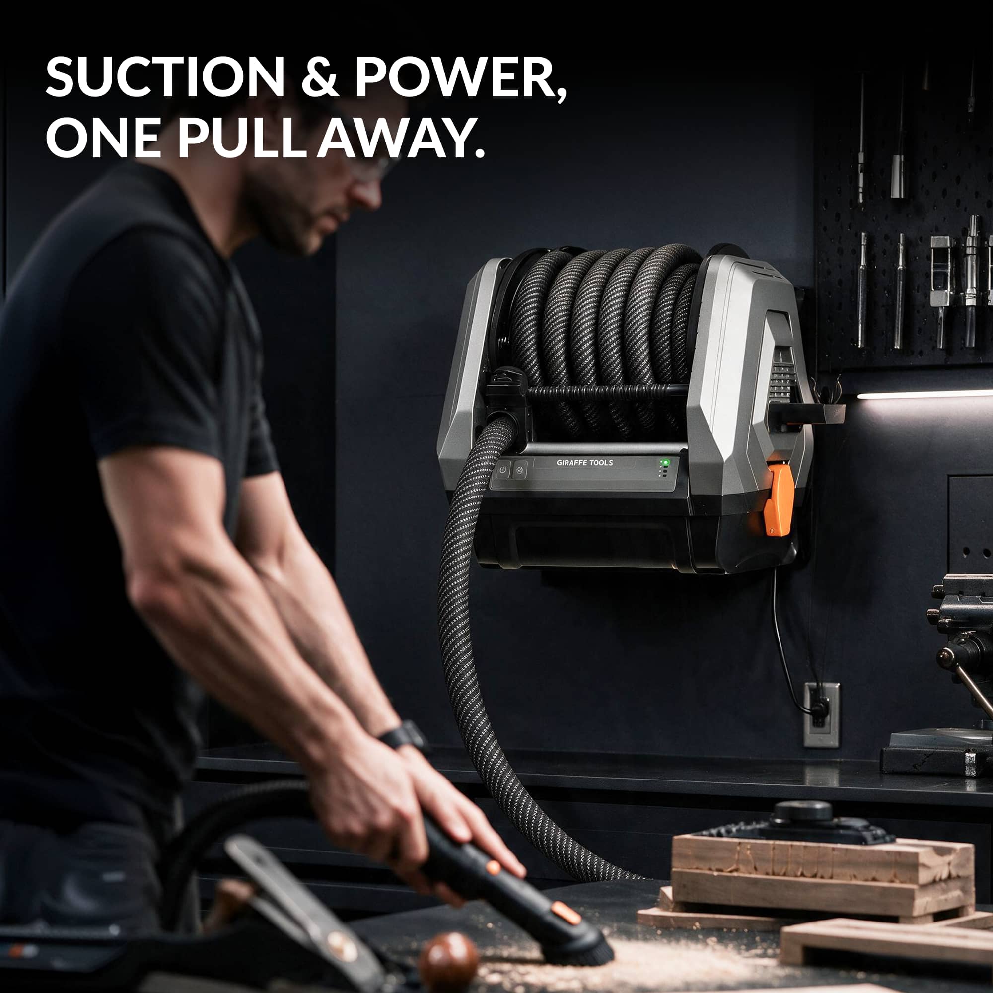 Giraffe Tools GrandFlux Retractable Vacuum Cleaner Features showing easy and efficient cleaning