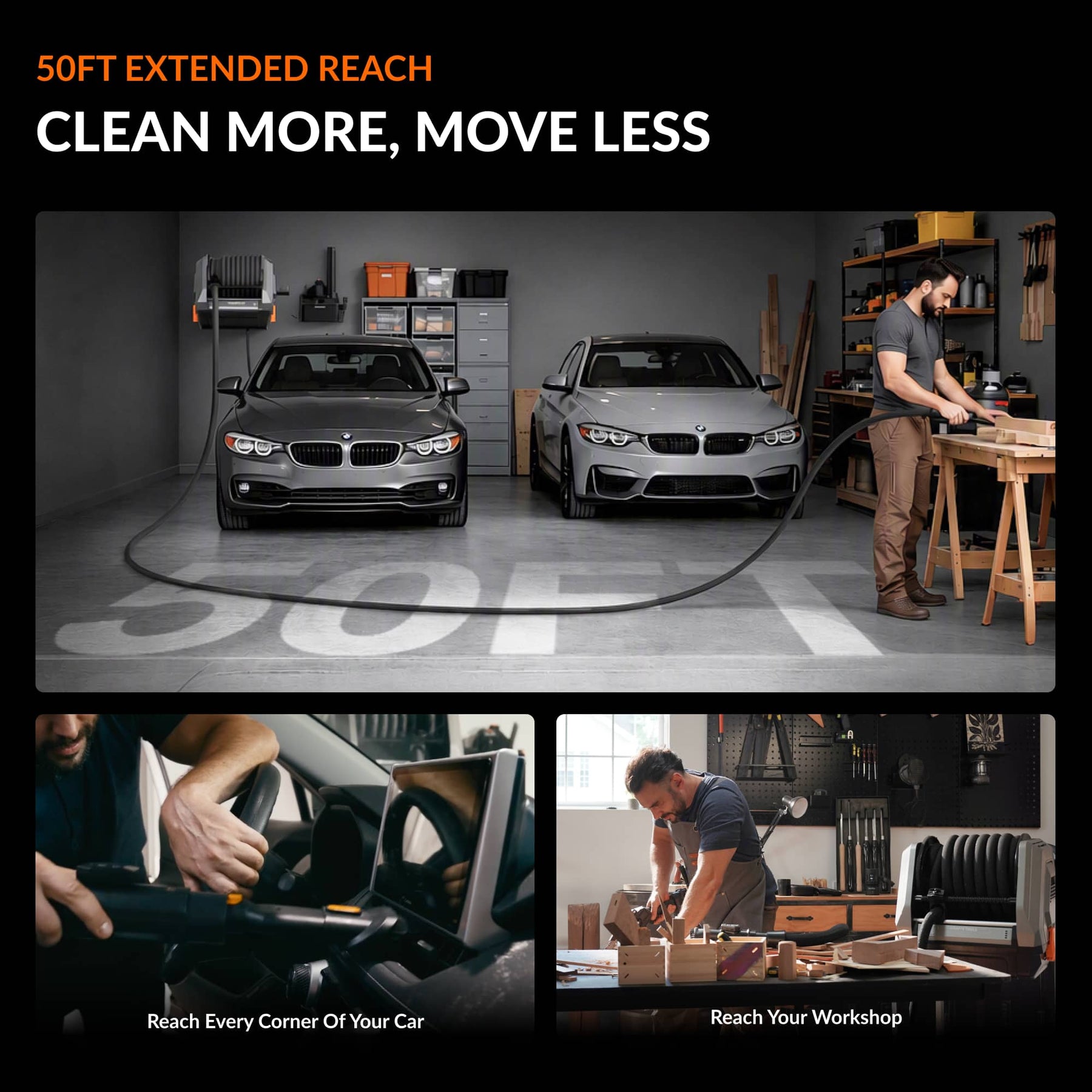 Giraffe Tools GrandFlux Retractable Vacuum Cleaner Plus Features showing extended cleaning reach