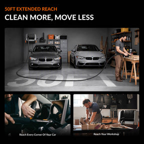Giraffe Tools GrandFlux Retractable Vacuum Cleaner Plus Features showing extended cleaning reach