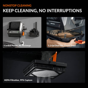 Giraffe Tools GrandFlux Retractable Vacuum Cleaner Plus Features showing nonstop cleaning system