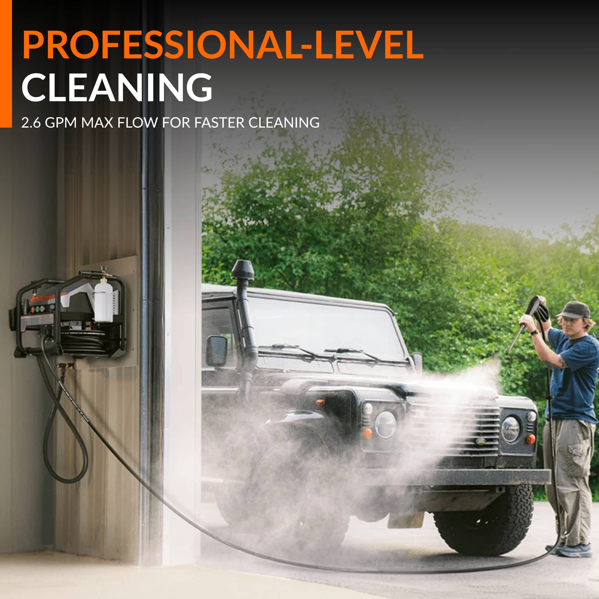 Giraffe Tools Crossfalls Retractable Pressure Washer Ultra Features showing faster vehicle cleaning with a maximum flow rate of 2.6 gpm