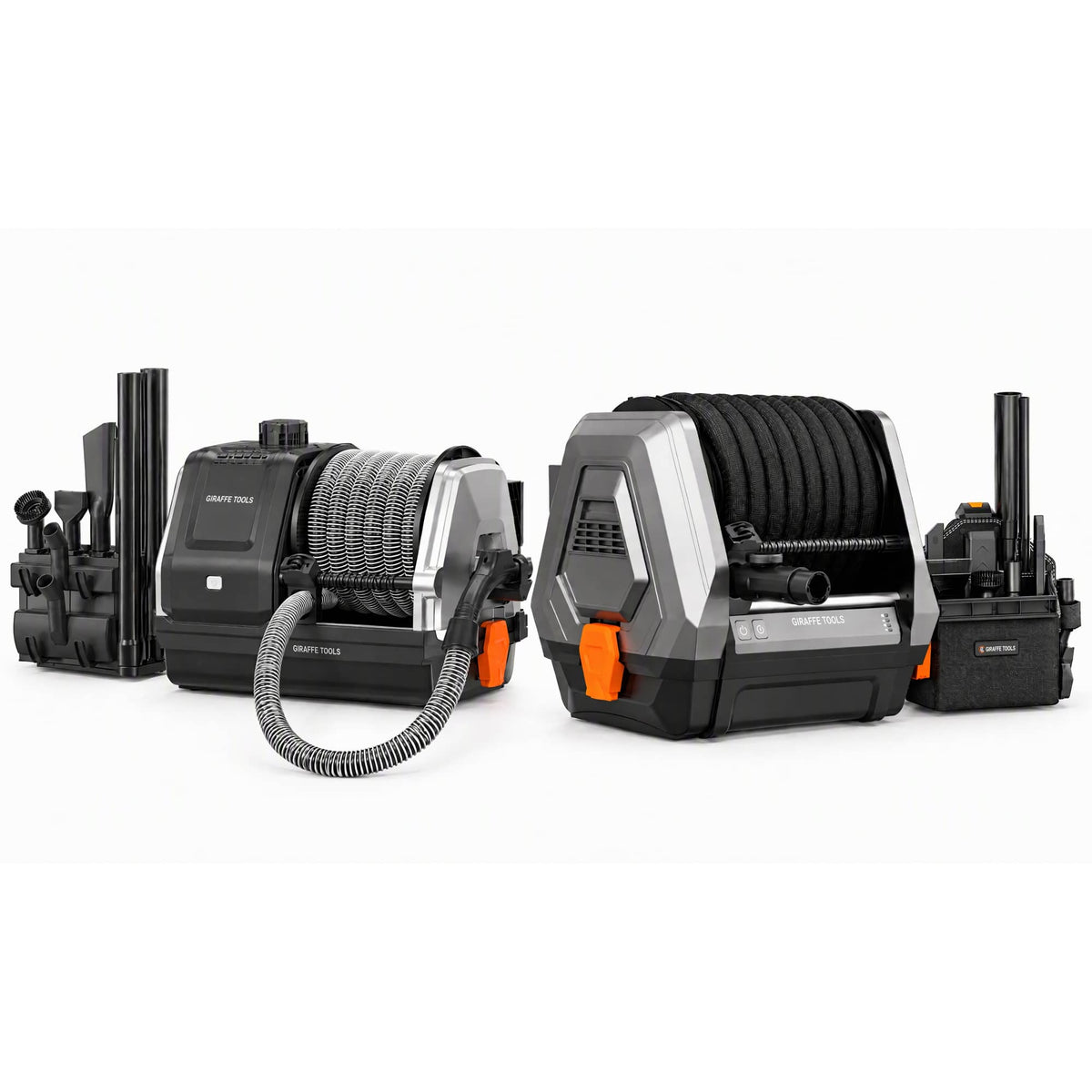 Giraffe Tools Grandstorm Retractable Vacuum Cleaner - All Models Features showing two vacuum models with retractable hoses, cleaning attachments and accessory storage on a white background