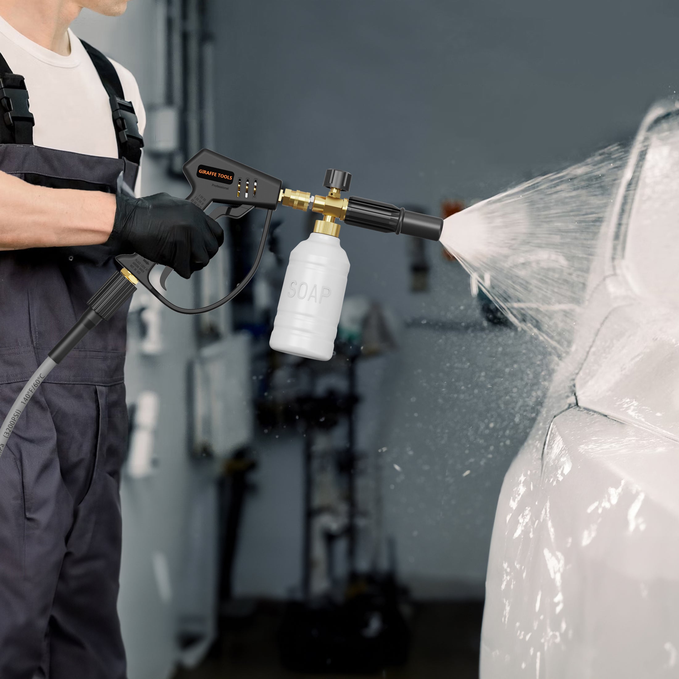 Giraffe Tools Short Pressure Washer Gun Features showing use with a foam cannon to coat a vehicle in foam for convenient car washing