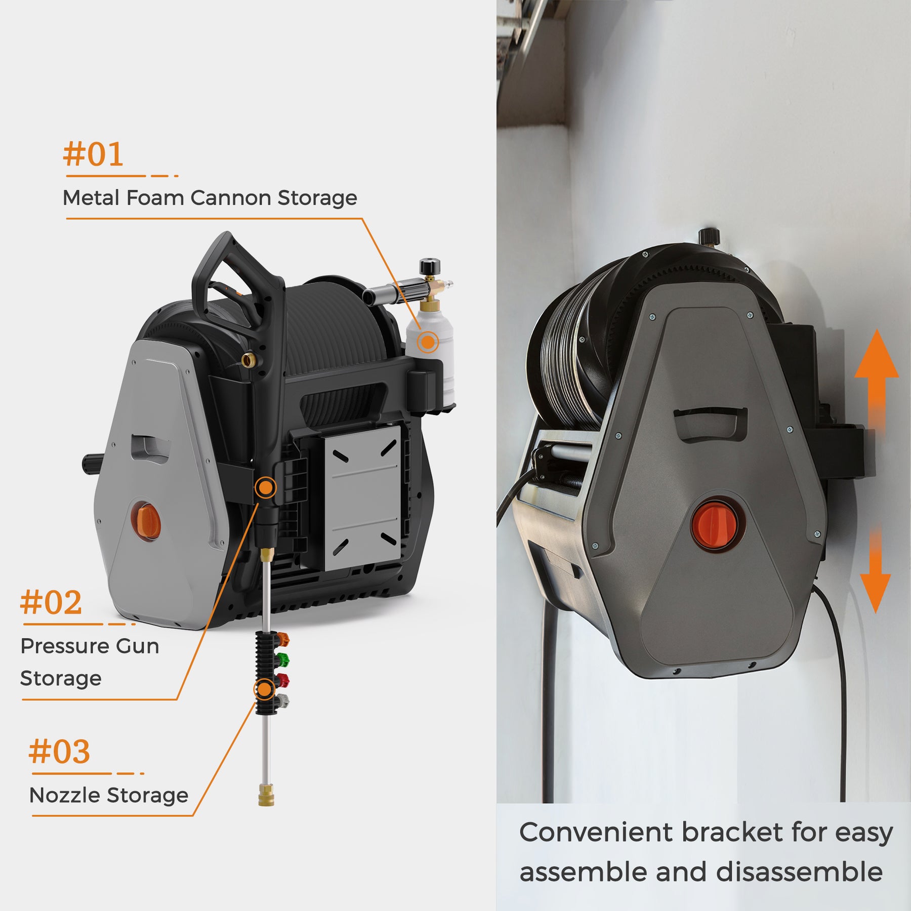 Giraffe Tools Grandfalls Pressure Washer, Wall Mounted Electric Pressure  Washer, Outdoor Power Washer Hangs on Wall, 4 Nozzles and Foam Cannon, Dark