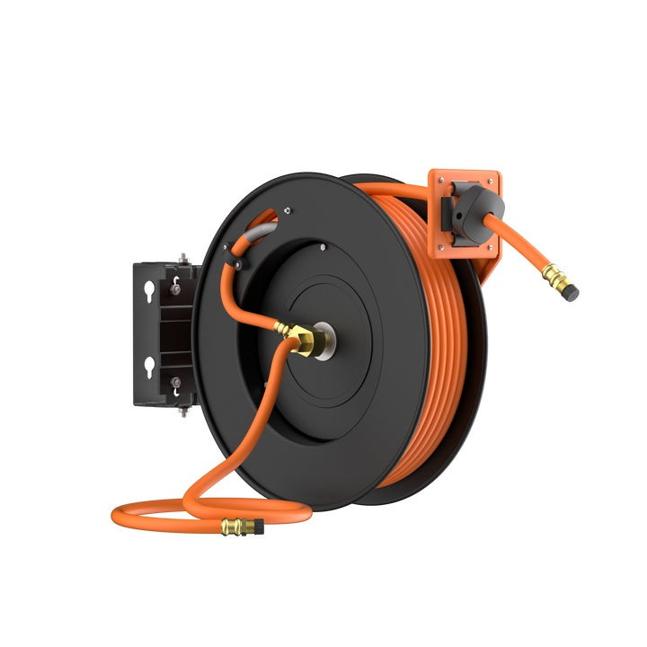 Giraffe Tools TA15 Retractable Air Compressor Hose Reel Swivel 3/8 x 50 ft  Hybrid Hose, Ceiling/Wall Mounted Heavy Duty Industrial Commercial Reel,  300PSI, 50ft, Tangelo 