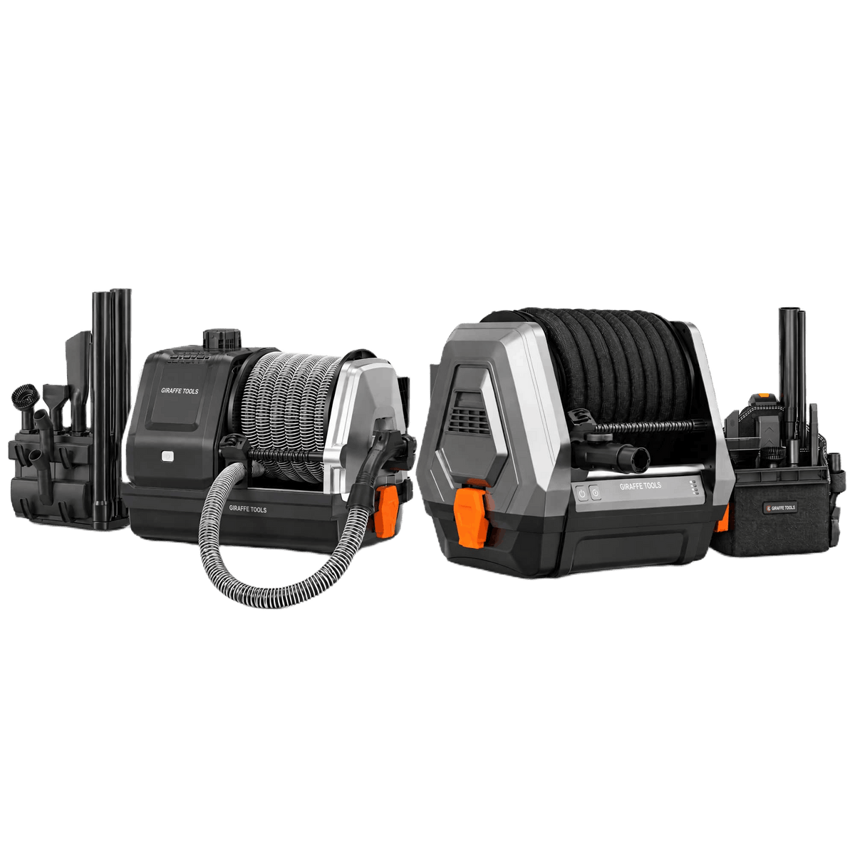 Giraffe Tools Grandstorm Retractable Vacuum Cleaner - All Models Features showing two vacuum models with retractable hoses, cleaning attachments and accessory storage on a white background