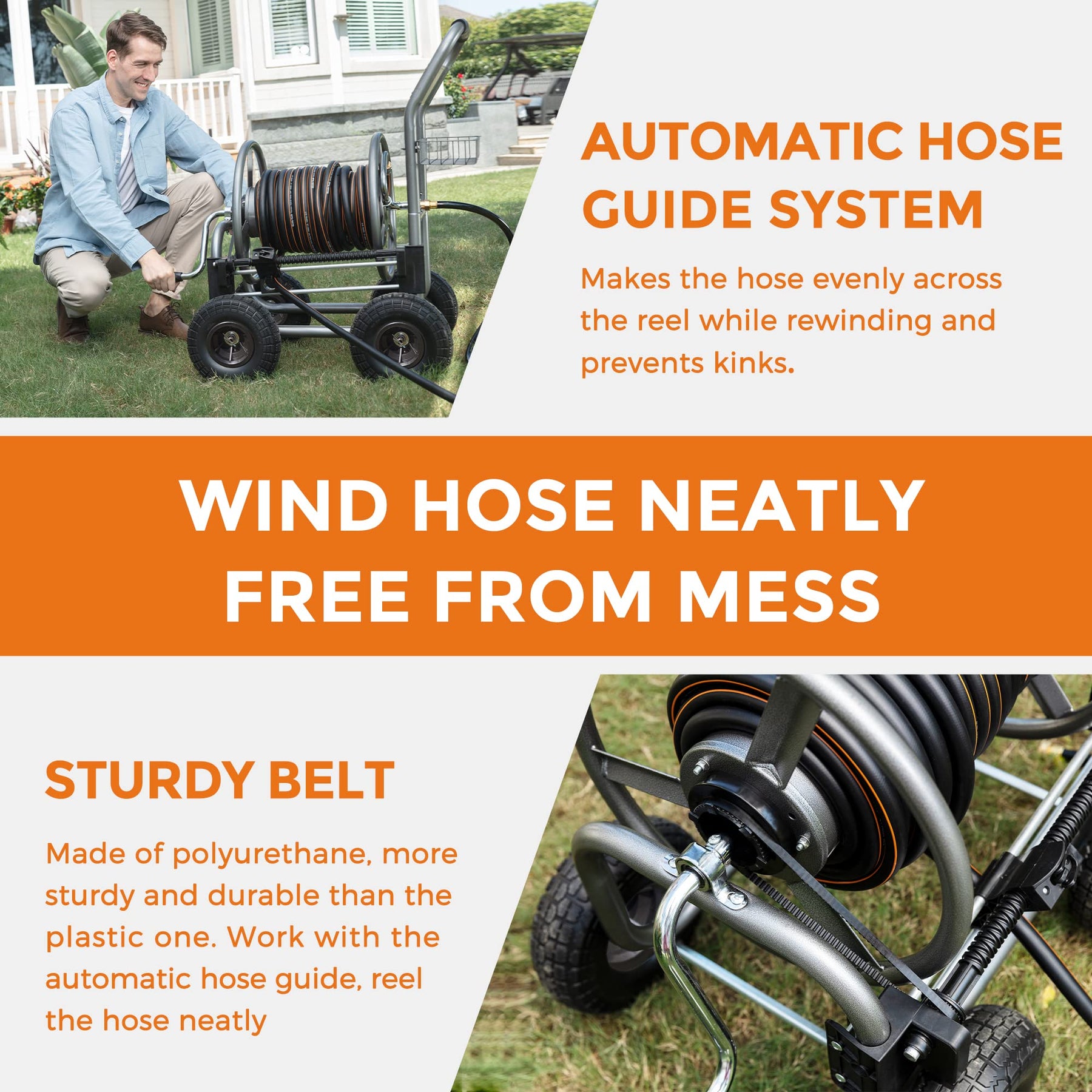 Giraffe Tools 250ft Capacity Industrial Hose Reel Cart with 4 Solid Wheels  and Hose Guide System for Garden & Yard
